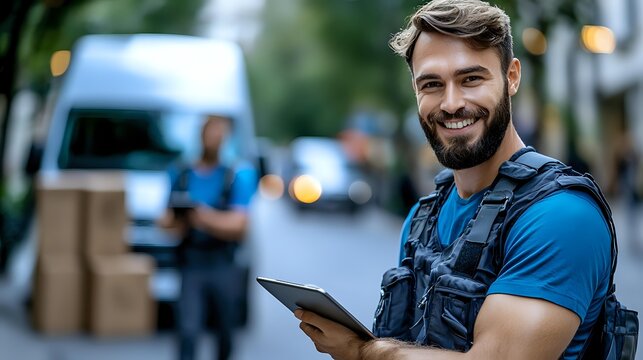 Smiling delivery worker in blue uniform holding digital tablet near cargo van and packages on urban street, providing efficient logistics service. - Powered by Adobe