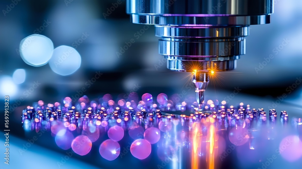 Poster microscopic view of quantum computing chip with glowing purple and orange light effects, metallic co