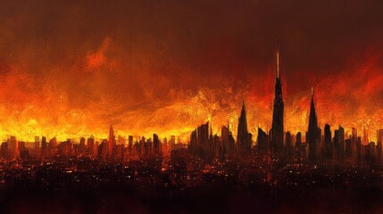 Dystopian Metropolis: Fiery Skyline and Towering Structures in a Dark Future