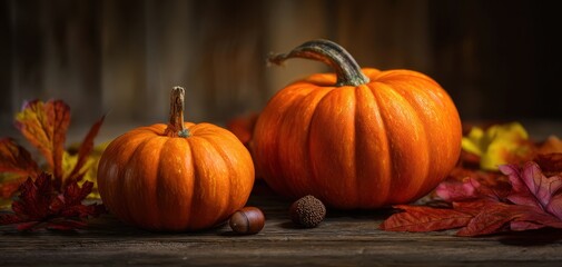 The Pumpkin Still Life Featuring Two Orange Pumpkins on Rustic Wooden Table with Leaves