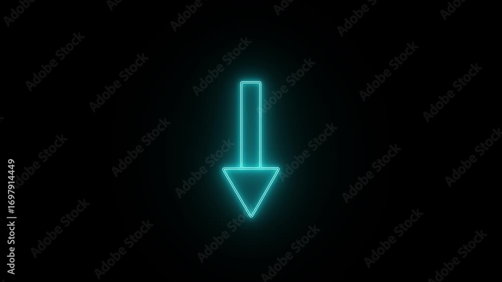 Poster abstract directional neon arrow icon animation. cyan color neon down direction arrow icon. neon arro