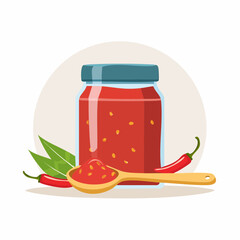 Bold Red Vector Food Illustration of Traditional Gochujang Paste with Chili Seeds and Minimal Style