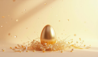 Golden capsule with shimmering particles and soft light background