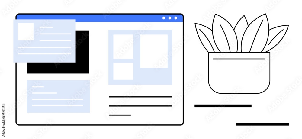 Aufkleber webpage interface floating above a desk plant. ideal for productivity, web design, digital workspace