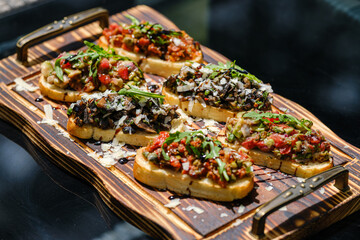 Delicious Assorted Bruschetta on Wooden Board with Fresh Toppings