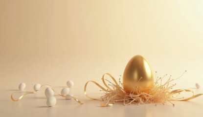 Elegant golden easter egg with delicate feathers and ribbons on a soft background