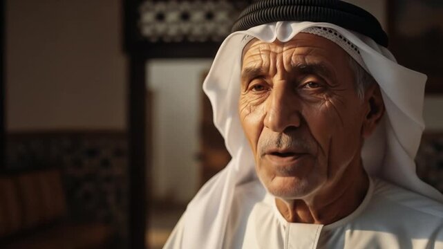 Close-up portrait of an elderly Arab man wearing a traditional white thobe and ghutra, with a thoughtful expression.