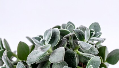 Close-up view of a cluster of succulent plants with silvery-gray leaves against a bright white background.