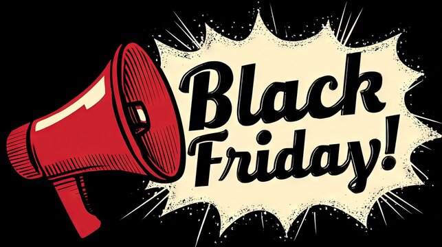 Retro comic-style megaphone with bold Black Friday lettering on explosive starburst background, dynamic vintage design for seasonal sale promotion
