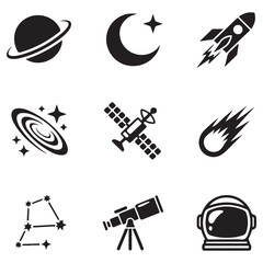Fototapeta premium Collection of black and white space themed icons on a white background Keywords: space, galaxy, planet, Saturn, ringed planet, crescent moon, star, rocket, spaceship, satellite, constellation