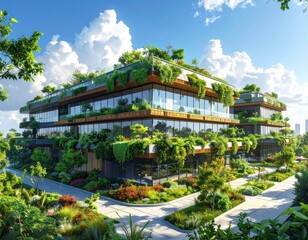 Fototapeta premium A modern, sustainable office building is nestled within a lush green landscape, featuring extensive rooftop gardens and a tranquil ambiance.
