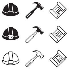 Obraz premium Construction and Engineering Icons Set Hard Hat Hammer and Blueprint helmet safety