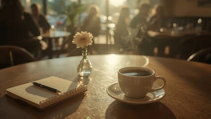 Steaming coffee cup with a notebook and a flower vase on a wooden table in a cozy cafe, warm sunlight casting a peaceful atmosphere