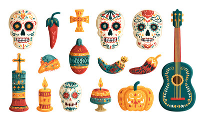 Fototapeta premium Bundle of traditional Day o The Dead decorations isolted on white background - exican sugar skulls, Catria's face, pepper, pinata, ross, candle, maracas, guiar. Holiday vector illustrtion.