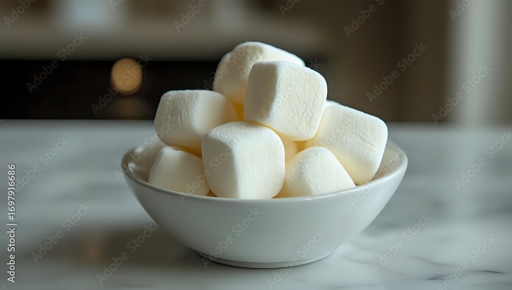 Poster White fluffy marshmallows piled in ceramic bowl on marble surface with soft natural lighting and shallow depth of field creating cozy atmosphere.