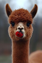 Fototapeta premium Adorable brown alpaca with bright blue eyes holding red rose in mouth against blurred background, romantic and whimsical farm animal portrait.