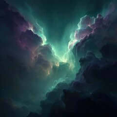 Fototapeta premium A swirling tapestry of vibrant teal, purple, and pink nebula clouds fills the night sky, glowing with ethereal light.