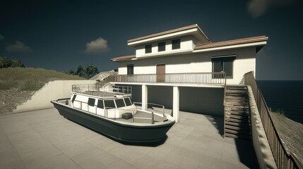 Modern Coastal Home with Boat, Dramatic Sky, Architectural Design, Serene Scene.