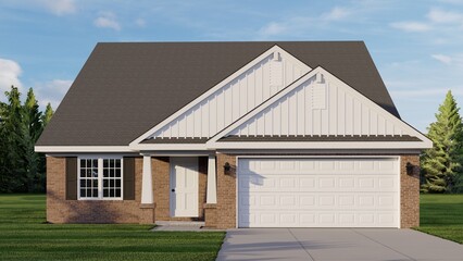 Fototapeta premium Traditional Brick Single-Story Home with White Accents and Gable Roof – Exterior Architectural Rendering 