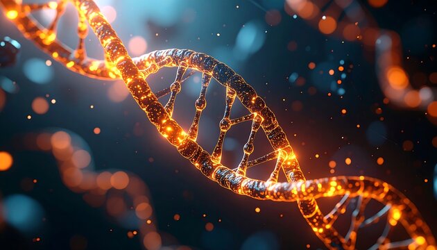 A glowing, intricate 3D illustration depicts a DNA double helix structure with a dynamic, futuristic aesthetic against bokeh lights - Powered by Adobe