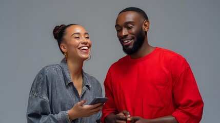 Young African American couple sharing joyful moment while using mobile phones against gray background, expressing genuine happiness and connection.