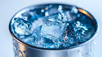 Cold refreshing drink with ice cubes in metallic glass with water drops and condensation on blue background, macro shot with selective focus.