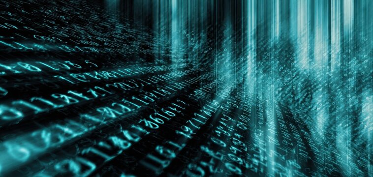 The digital code stream plunging through abstract cyber space with glowing matrix numbers