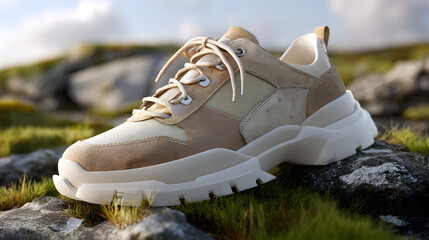 Stylish beige sneaker with chunky sole resting on natural rocks and grass, perfect for outdoor adventures and urban exploration.