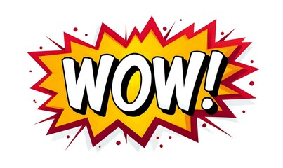 Comic style explosion bubble with wow text expression in white letters on yellow and red background with dynamic burst effect. Isolated on white background.