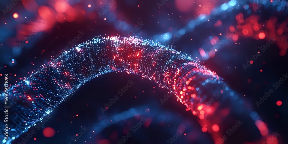 Poster Abstract digital wave of glowing particles with red and blue light effects against dark background, creating dynamic motion and futuristic atmosphere.