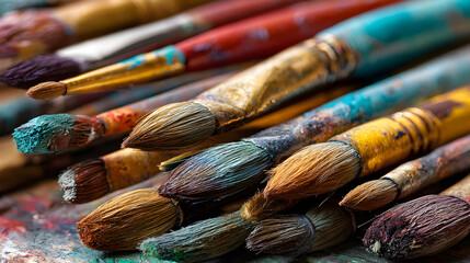Fototapeta premium Vibrant collection of artist paint brushes covered in colorful dried paint, showcasing creative tools and artistic process