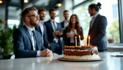 Modest birthday cake on office desk with colleagues celebrating