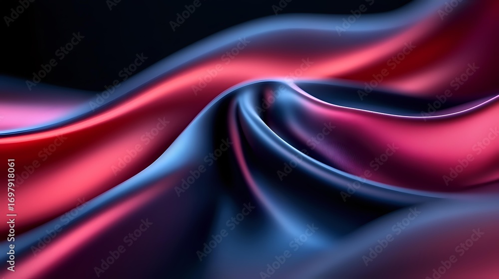 Poster smooth flowing curves of red and blue silk fabric create dynamic waves and folds against dark backgr