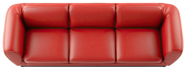 Red leather sofa, three-seater.  Top-down view.  The sofa is a rich, vibrant red color with a smooth leather or vinyl finish.  It has gently curved armrests and three separate seating areas
