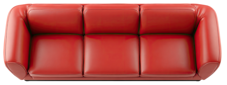 Red leather sofa, three-seater.  Top-down view.  The sofa is a rich, vibrant red color with a smooth leather or vinyl finish.  It has gently curved armrests and three separate seating areas
