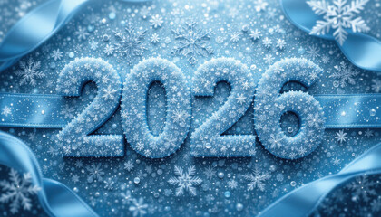 Sparkling blue 2026 new year celebration with snowflakes and ribbons