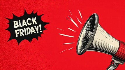 Retro comic megaphone illustration with bold Black Friday typography on vibrant red background, dynamic vintage design for seasonal retail promotions