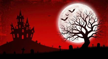 Spooky haunted castle silhouette on a hill with a large full moon and bats flying in a red sky