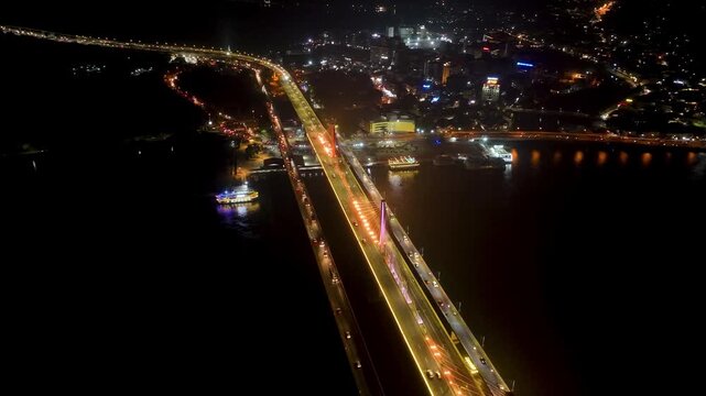 Drone Footage of Atal Setu Bridge Over Mandovi River at Night