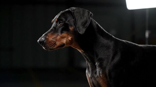 Majestic doberman hound dog standing proudly on grass with alert expression and sleek, shiny coat in natural setting