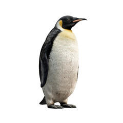 Fototapeta premium isolated emperor penguin standing, clean white belly, subtle foot shadow, transparent background, stock PNG, textured grain