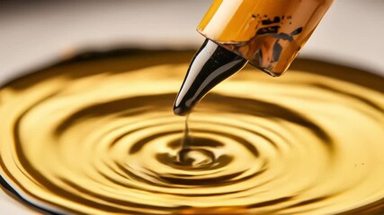Macro close up of a dark viscous liquid dripping from a pipette into a pool of golden oil creating ripples - Powered by Adobe