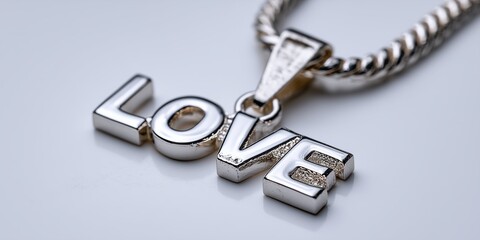 Silver love necklace with bold lettering on a chain