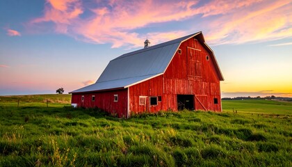 Fototapeta premium Red barn at sunset over a grassy field