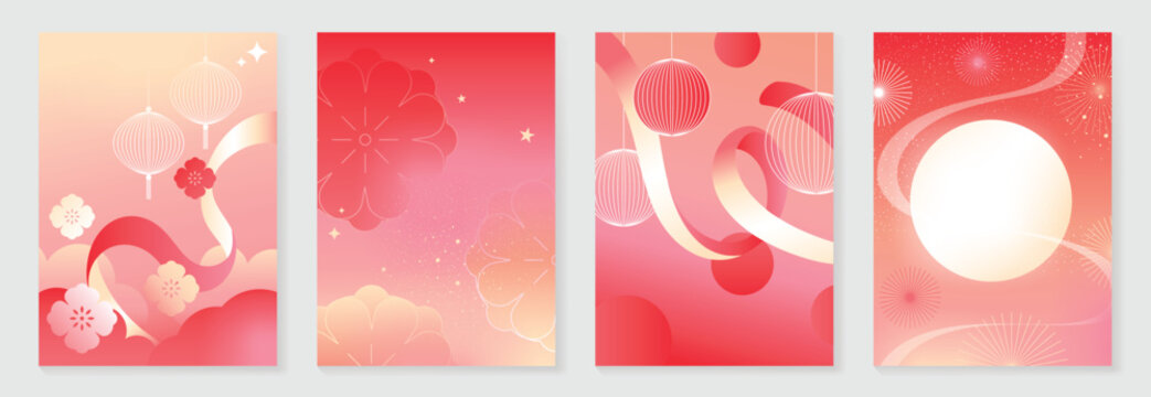 Chinese New year poster design vector set. Modern new year red card with lantern, flower, firework, moon in geometric shape. Illustration for flyer, brochure, social media, banner, ads.