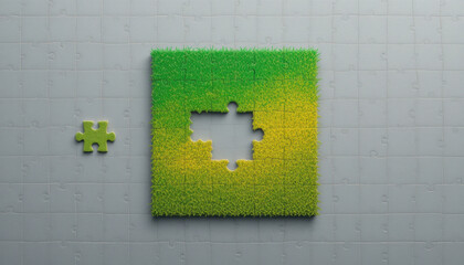 Green and yellow gradient puzzle with a missing piece and one piece beside it