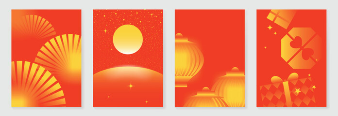 Obraz na płótnie Canvas Chinese New year poster design vector set. Modern new year red and gold card with lantern, fan, moon, gift in geometric shape. Illustration for flyer, brochure, social media, banner, ads.
