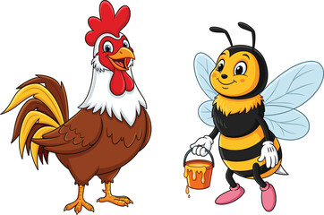Happy cartoon rooster and cute bee carrying honey bucket – farm animals, friendly insect and bird illustration for kids.