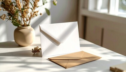 Minimalist still life of greeting card envelopes and dried botanical decor in bright, natural morning window light