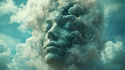 Stone head, clouds, serene face